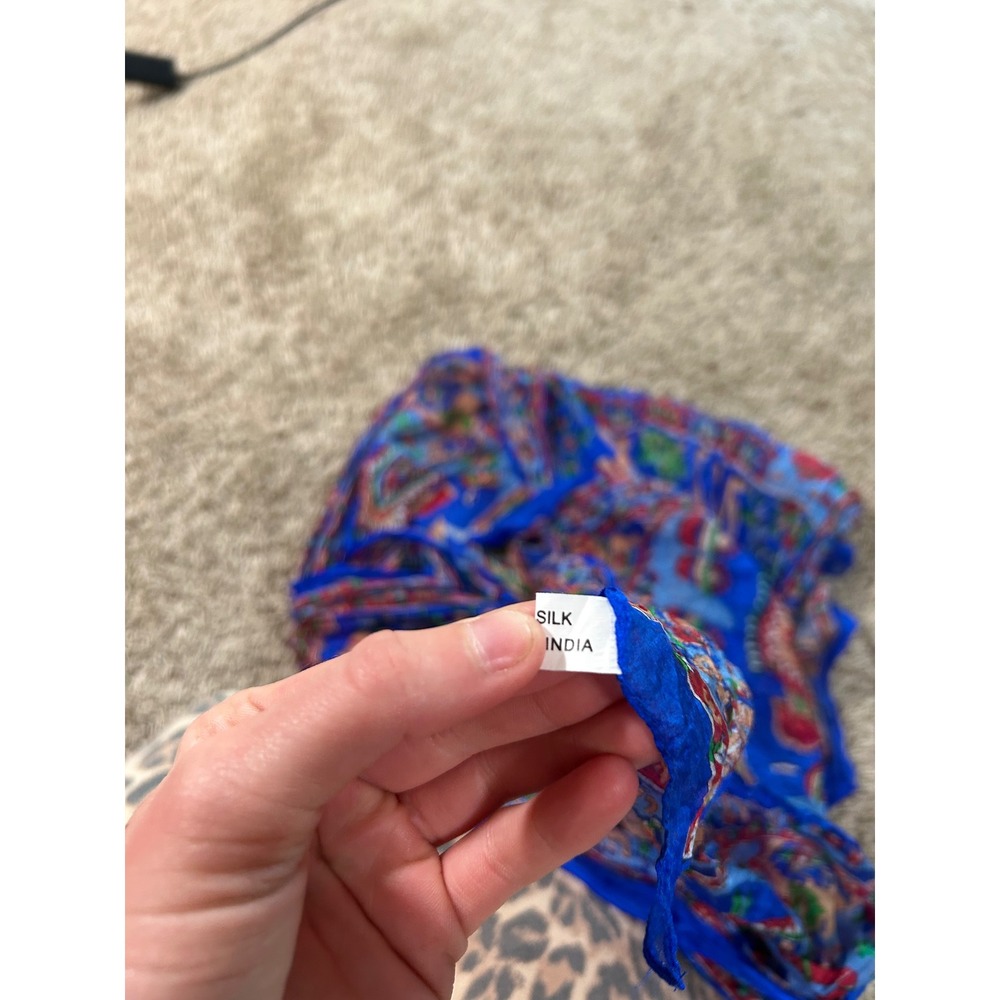 Vintage Indian 100% Silk Scarf Blue Sheer Elegant Print Boho Festival Wrap - Picture 6 of 8